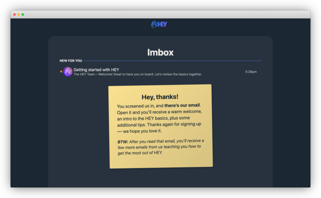 Hey's welcome message