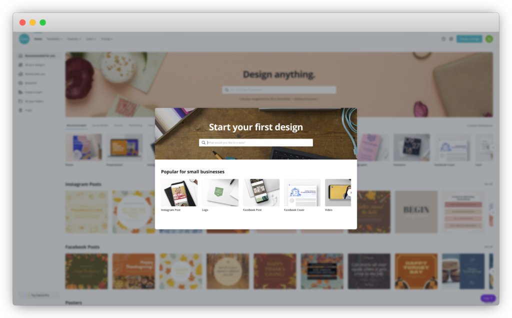 image of Canva's "start a design" page