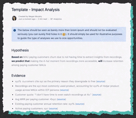 Hotjar Impact Analysis Template for a saas product manager