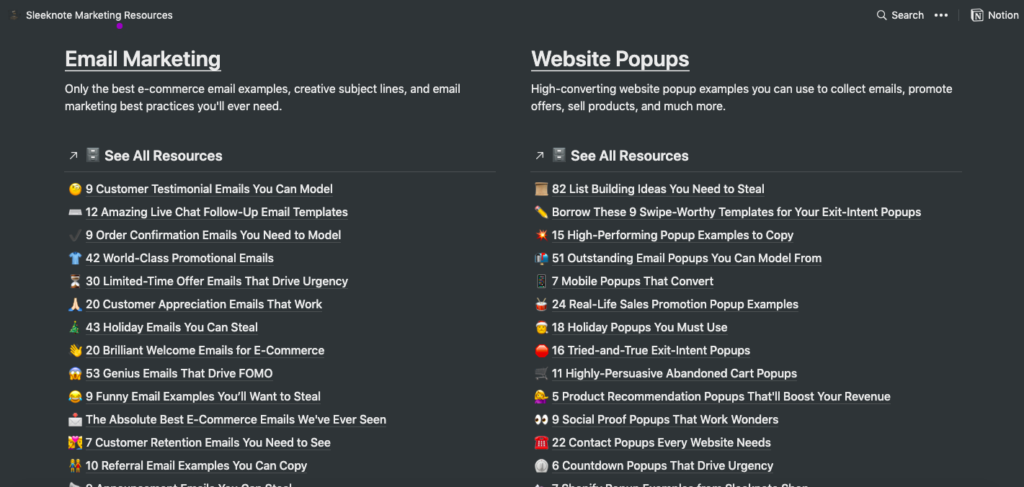 Example of Notion Swipe File by Sleeknote