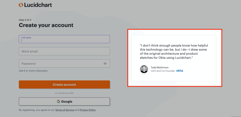 best user onboarding example: lucidchart signup page