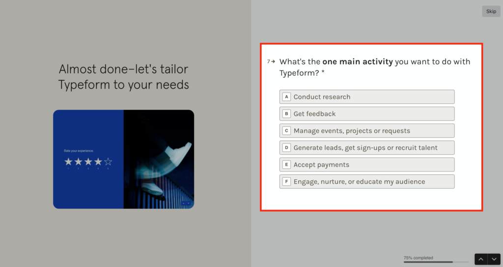 Typeform's questions to answer to help set up the account during the onboarding experience