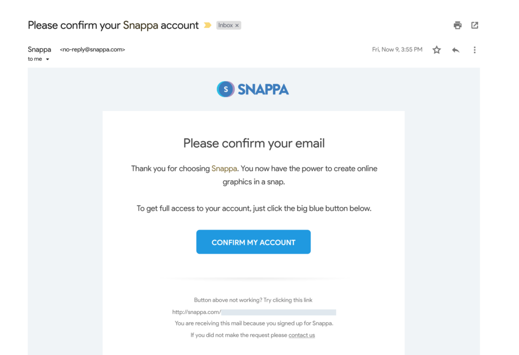 Snappa's email confirmation as an example of good best practices for user onboarding