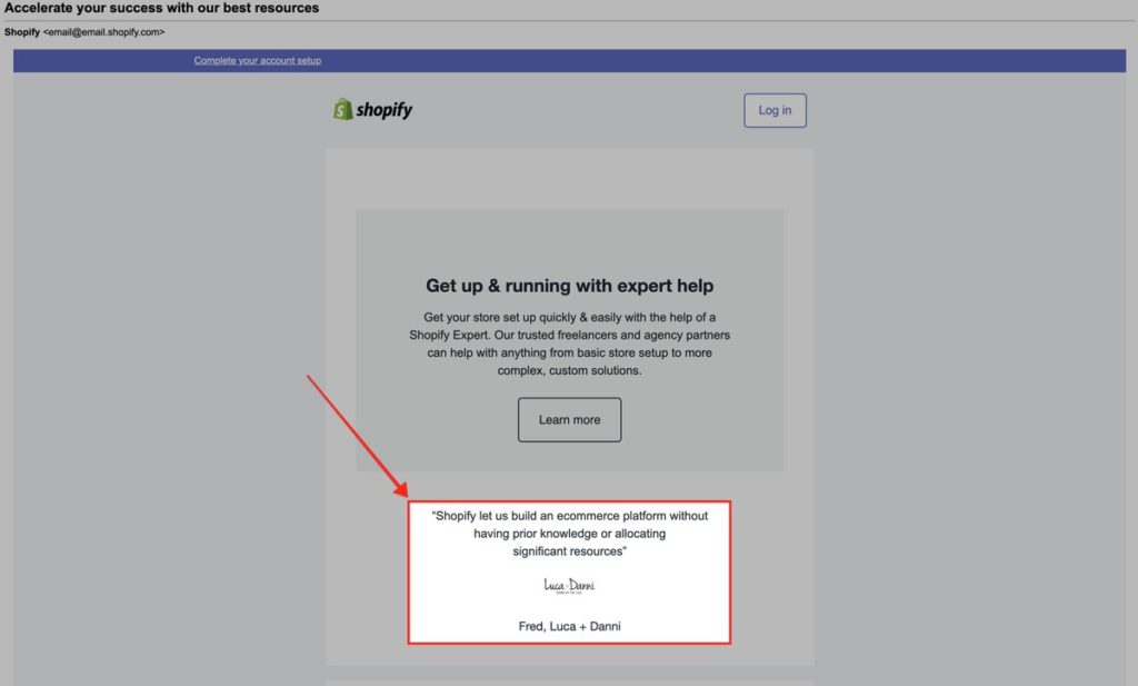 Shopify as a best user onboarding example for their testimonials