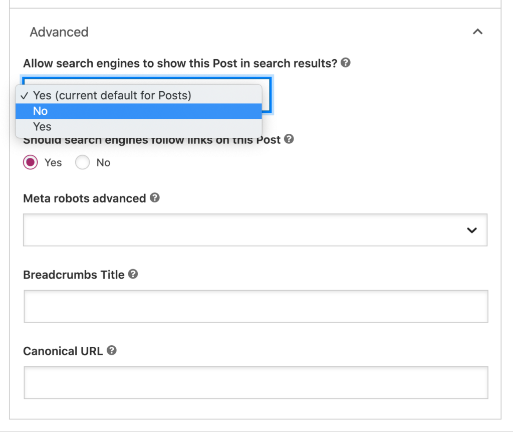 SEO advanced settings