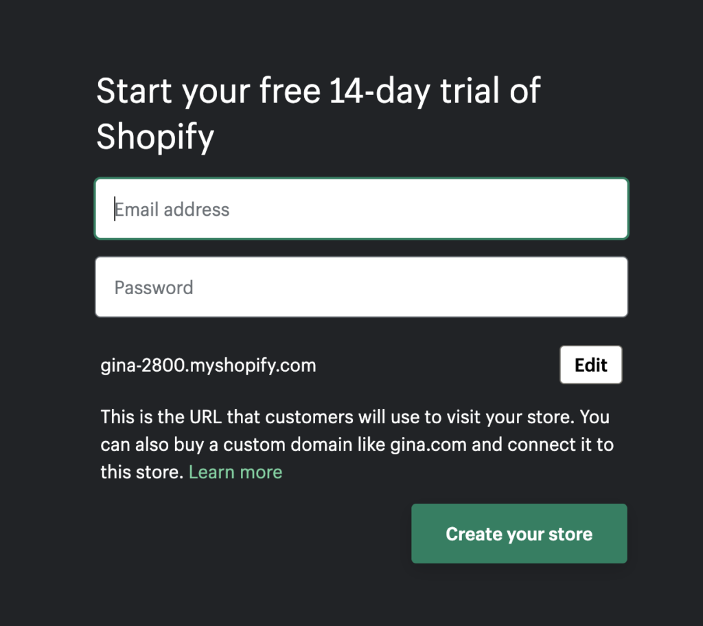 Shopify Sign up Shopify's signup page for their Product-led growth model, Time-Based Free Trial.