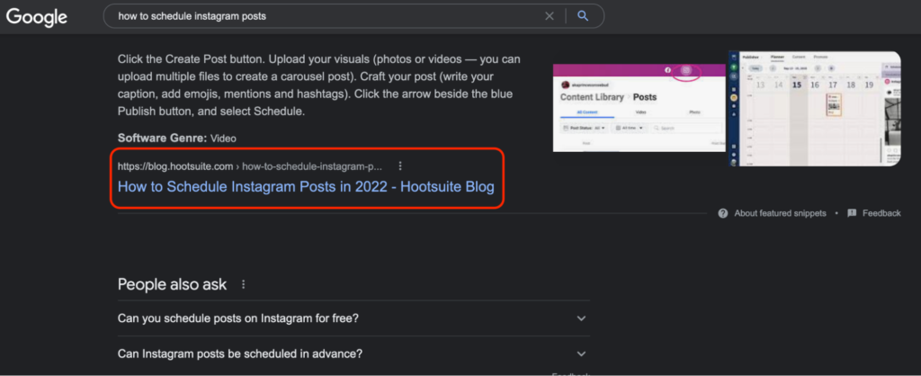 Google SERPs: "how to schedule instagram posts"