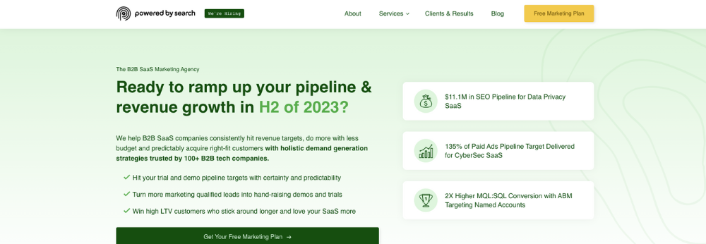 SaaS marketing agency website homepage for Powered by Search