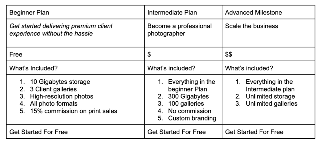 photography business value metrics plan